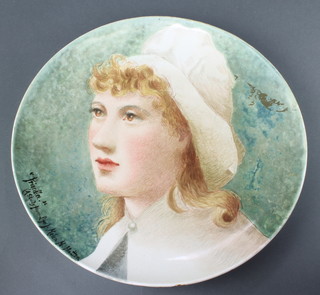 A Victorian Minton wall plate decorated with a portrait Priscilla, a study from life by Helen H Hatton 15 1/2" diam. 