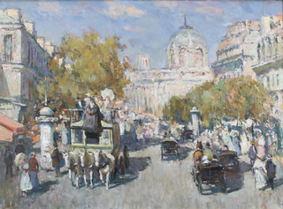 V. Sergeyev, oil on canvas, unsigned, busy Parisian street scene 23 1/2" x 31 1/2" labels en verso