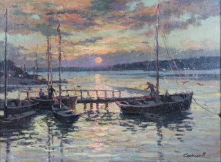 Valery Sekret, oil on canvas, signed, sunset river scape with moored boats 17" x 23" 