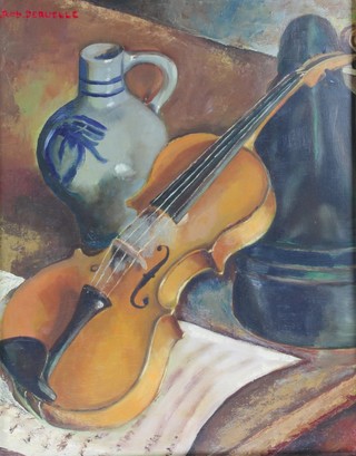 J. Deruelle oil on board, still life study of a violin, jug and sheet music 23" x 18" 