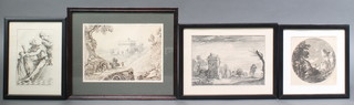 19th Century pen and ink unsigned, figures in an extensive Continental landscape 6" x 8" and 3 others 