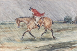 RIS 1905, watercolour, monogrammed and dated, huntsman in a rain storm 7" x 10" 
