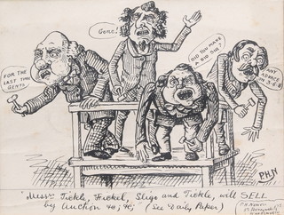 PHN 19th century, Cartoon, monogrammed, pen and ink, study of auctioneers 4 1/2" x 6"