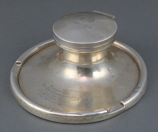 A silver capstan inkwell with presentation inscription Birmingham 1930 6" 