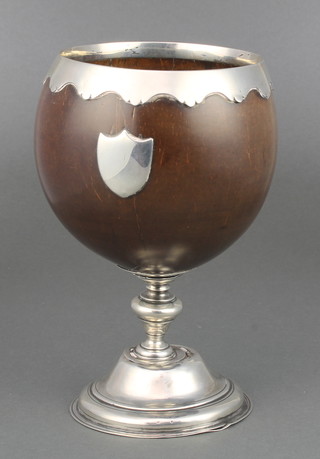 A silver plated mounted coconut shell cup with vacant cartouche 6 1/2" 