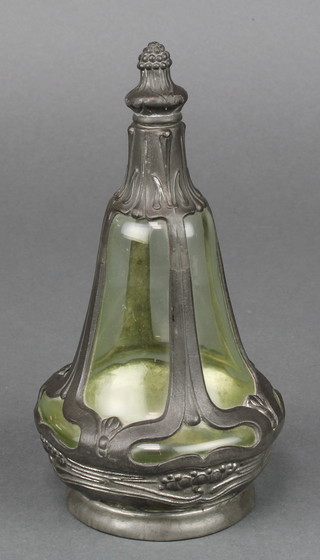 An Art Nouveau bell shaped glass scent bottle with repousse pewter mounts and stopper 7" 
