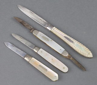 A Victorian silver and mother of pearl fruit knife Sheffield 1884, 2 others and a steel bladed ditto 