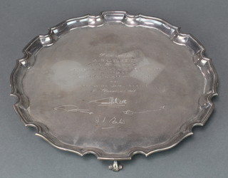 A silver salver with Chippendale rim and presentation inscription London 1962 Maker C J Vander Ltd 12" 720 grams 