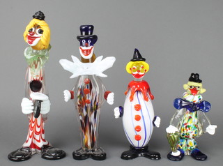 4 Murano polychrome glass clowns 8 1/2", 11 1/2", 13 1/2" and 15" 