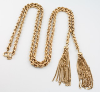 A 9ct yellow gold rope twist necklace with tassel drops 16.4 grams