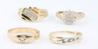 4 9ct yellow gold diamond set rings, size L, O, P and Q 