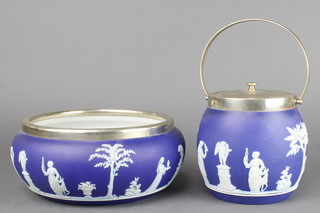 A Wedgwood 2 colour fruit bowl decorated with classical figures and a do. biscuit barrel both with plated mounts 
