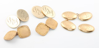 2 pairs of 9ct yellow gold cufflinks 13.2 grams and 1 pair of 15ct gold cufflinks 3.6 grams 