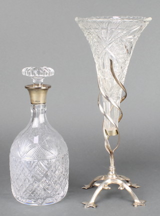 A cut glass mallet shaped decanter and stopper with silver collar Birmingham 1969 10" a moulded glass tapered vase with plated stand 13" 