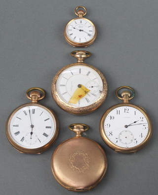 3 gentleman's gilt cased pocket watches, a lady's ditto fob watch and a watch case  