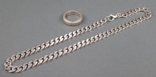 A silver flat link necklace and a ring, 108 grams