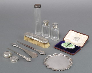 A silver card tray with Chippendale rim 80 grams 5", 3 silver topped jars and minor items