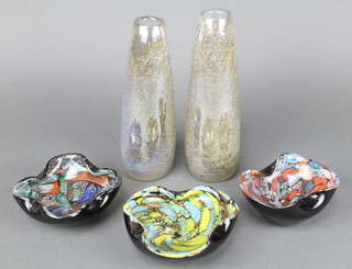 Three Studio Glass polychrome ashtrays and a near ditto pair of vases 