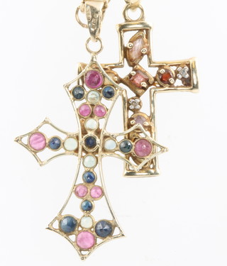 2 9ct yellow gold gem set crosses with chain 4.7 grams 