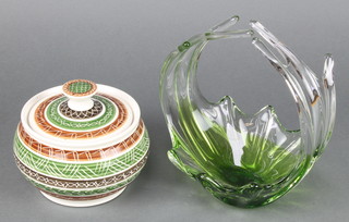 A Studio Glass bowl 8" and a Welsh pottery jar and cover 