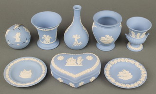A Wedgwood blue Jasper heart shaped box, 2 ditto dishes, a pomander and 4 vases 