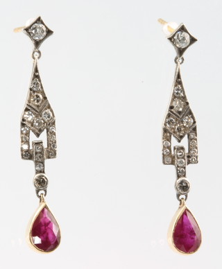 A pair of 18ct yellow gold ruby and diamond Art Deco style drop earrings