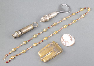 A bottle opener with sterling silver grip, a gilt necklace and minor items 