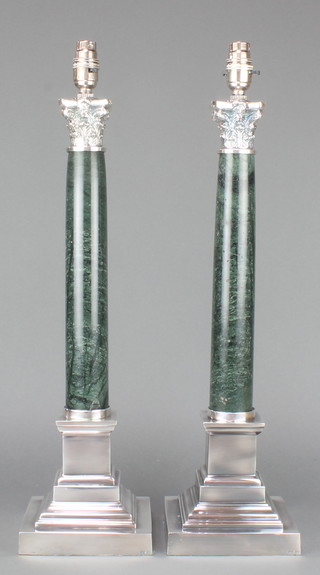 A pair of plated green hardstone Corinthian column table lamps 23"h 