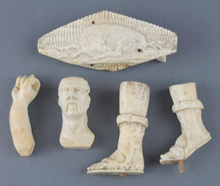 A carved Dieppe ivory bust of a man with 4 limbs - 1 holding a shield 