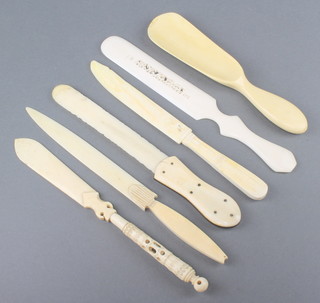 A Victorian carved bone paper knife and 5 other bone implements