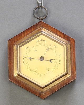 An Art Deco hexagonal aneroid barometer with gilt metal dial contained in a walnut case 6" 