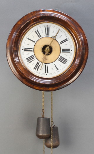 A Postman's alarm clock with glass dial and Roman numerals contained in a mahogany case 11" 