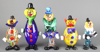 A Murano polychrome glass clown 10" and 4 others 