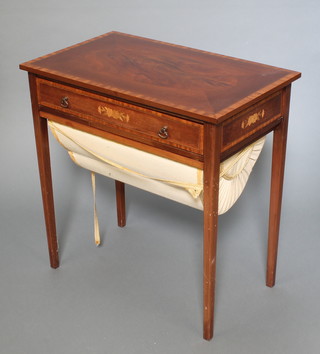 An Edwardian rectangular inlaid mahogany and crossbanded sewing box, fitted 1 long drawer above a deep basket, raised on square tapering supports 25"h x 24 1/2"w x 15"d 