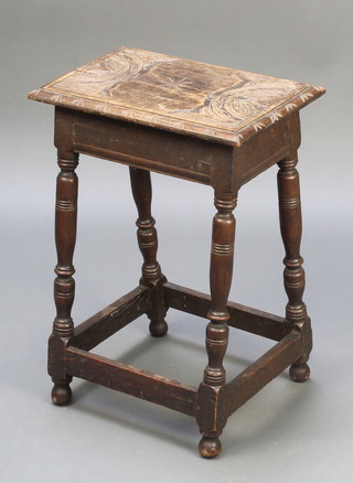 A Victorian carved oak joined stool, raised on turned and block supports 22"h x 16"w x 11" 