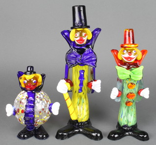 A Murano polychrome glass figure of a clown holding a walking cane 13" and 2 others