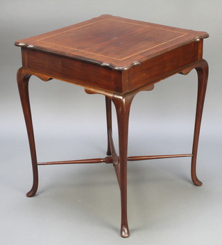 An Edwardian inlaid mahogany square occasional table raised on cabriole supports with X framed stretcher 29"h x 23" x 24" 
