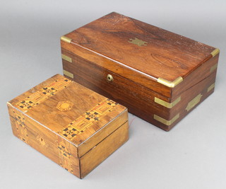 A Victorian mahogany and brass banded writing slope with hinged lid 6" x 16" x 10" (some paint splashes to the top) together with a Victorian mahogany trinket box with Tunbridge Ware banding 4" x 9 1/2" x 7" (some inlay missing) 