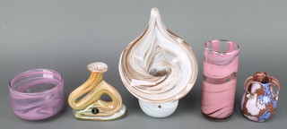 A Mdina pink deep bowl 4", 4 similar vases 