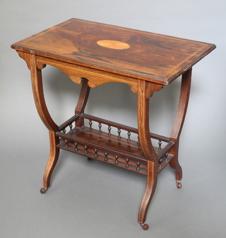 A Victorian rectangular inlaid rosewood 2 tier occasional table with bobbin turned decoration, raised on splayed feet 28" x 28" x 17" 