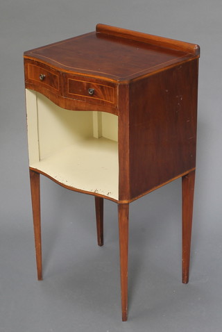 A Georgian style bedside cabinet with raised back, crossbanded top and satinwood stringing, fitted 2 drawers above a recess, raised on square tapering supports 29"h x 15"w x 13 1/2"d