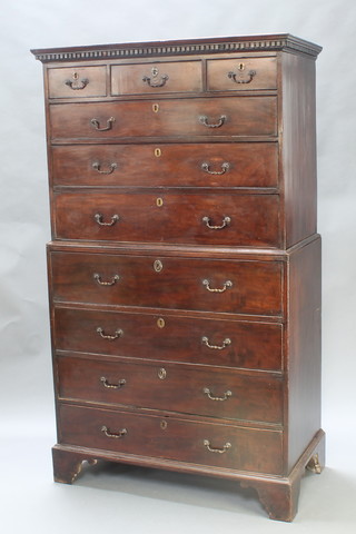 A George III mahogany chest on chest, the upper section with moulded and dentil cornice fitted 3 short and 3 long and 3 short drawers, the base fitted 4 long drawers with brass swan neck drop handles, raised on bracket feet 75"h x 43 1/2"w x 22 1/2"d 