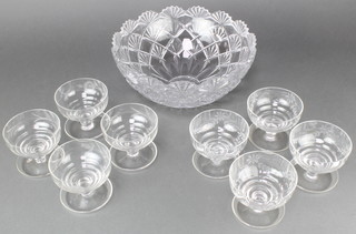 A cut glass fruit bowl and 2 sets of 4 glass sundae bowls