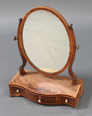 A 19th Century Hepplewhite style oval plate dressing table mirror contained in a mahogany swing frame, the socle shaped crossbanded base fitted 1 long and 2 short drawers, raised bracket feet 21 1/2"h x 16 1/2"w x 7 1/2"d  