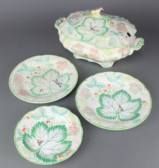 A Burleigh polychrome moulded dinner service decorated with strawberries and insects comprising 18 dinner plates, 10 side plates, 2 serving dishes, tureen and stand, tureen and lid and a bowl, each with individual insect decoration by Torie 