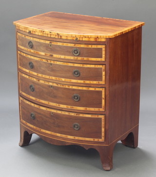 A Georgian style mahogany bow front chest with crossbanded top, fitted a brushing slide above 4 long drawers, raised on bracket feet 30"h x 25"w x 18"d 