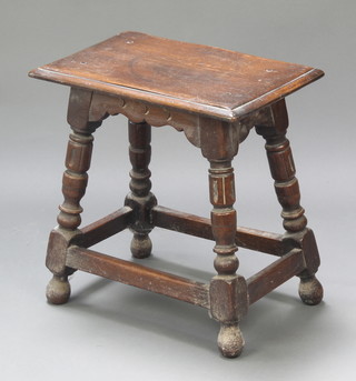 A Victorian rectangular oak joined stool raised on turned and block supports with box stretcher 18 1/2" x 18" x 12" 