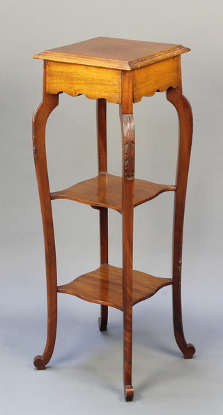 A square mahogany 3 tier jardiniere stand on cabriole supports 26"h x 12"w x 11"d 