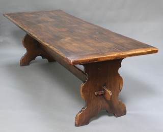 A 17th/18th Century style oak refectory table, the top formed from 4 planks, raised on standard end supports with H framed stretcher 29 1/2""h x 34"w x 96" long   