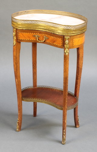 An inlaid Kingwood kidney shaped occasional table with white veined marble top and pierced gallery, fitted a drawer and raised on cabriole supports 28 1/2"h x 17"w x 10 1/2"d 